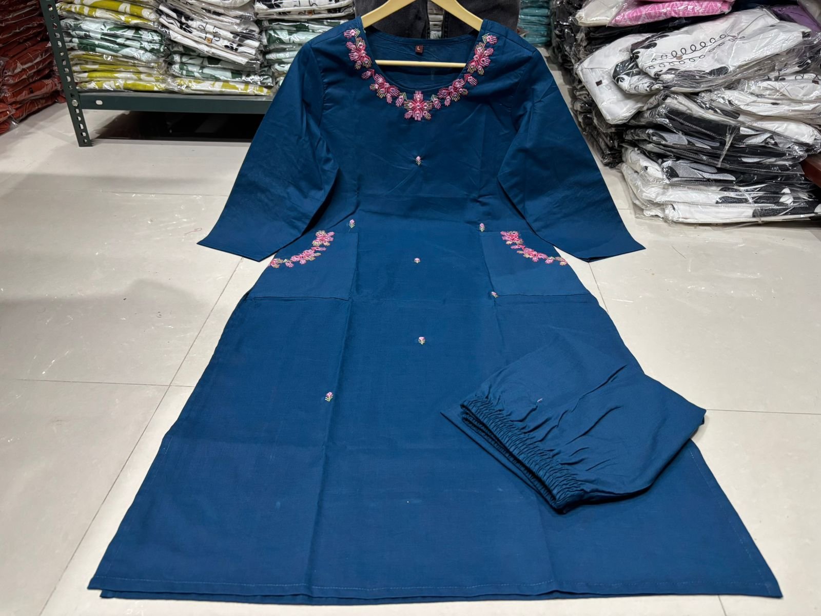 Blue Cotton Coord Set with Embroidered Top and Pant